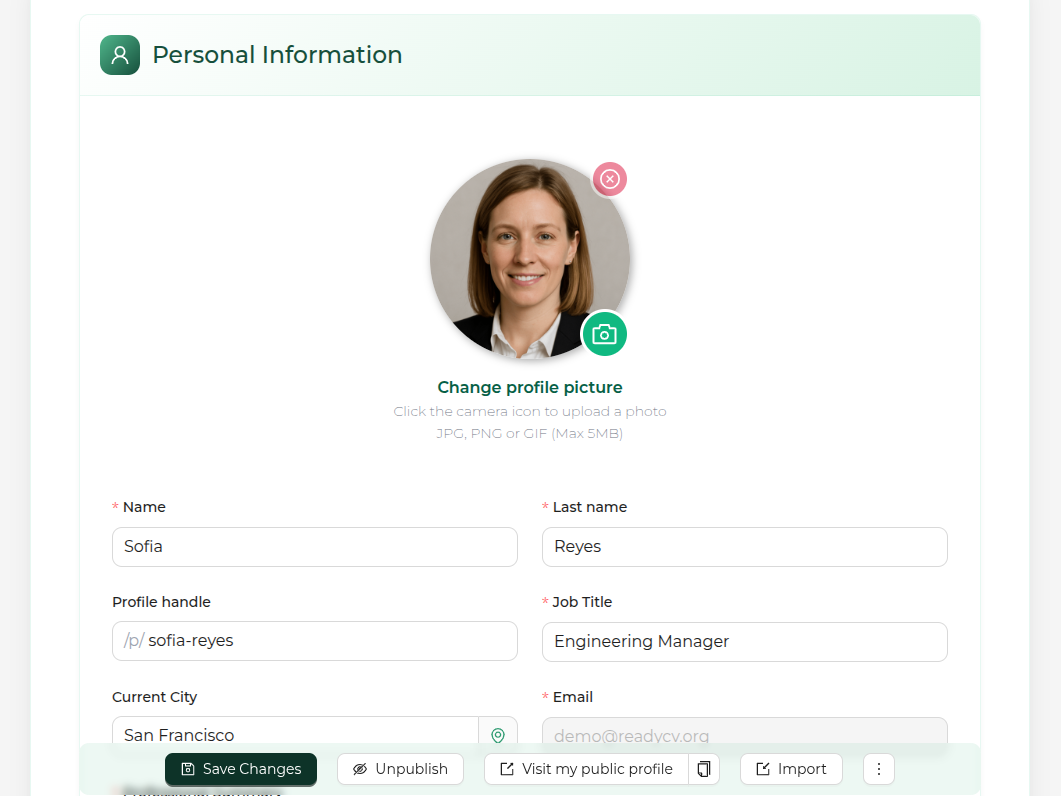 Screenshot of the ReadyCV profile editor showing the personal information section with a profile picture upload.